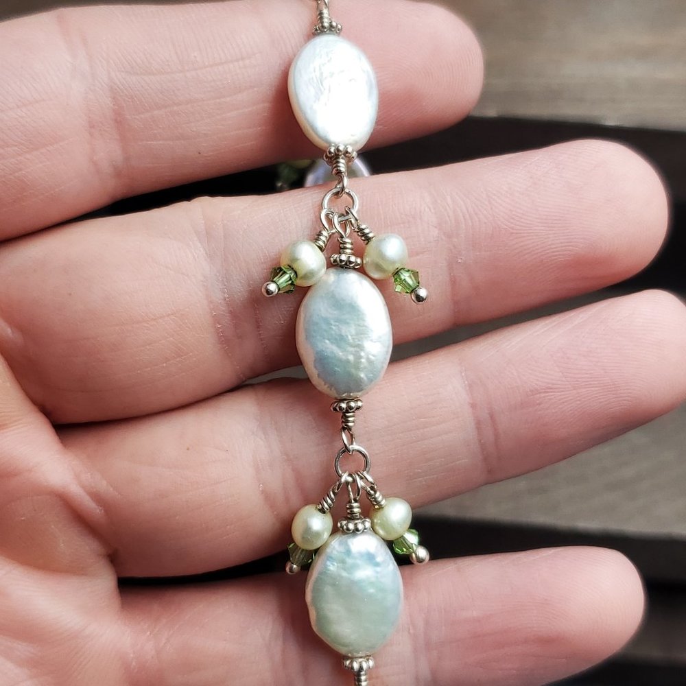 7.5 Inch Sterling Silver White Pearl And Pearl Charms Bracelet Vintage
